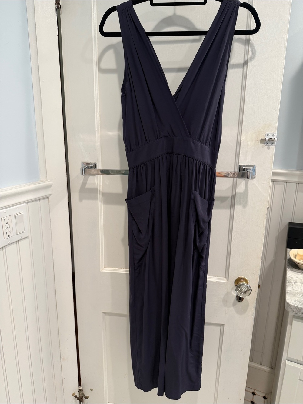 100% Silk Sleeveless V-Neck Navy Dress with Pockets